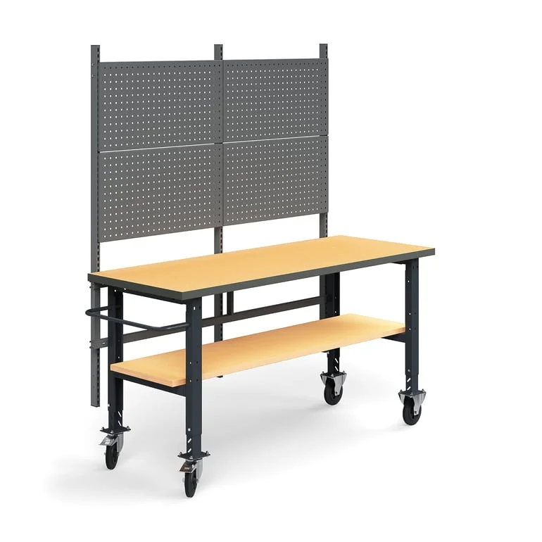 Komplett arbeidsbord på hjul, verktøytavle, underhylle, L2000 B760 mm, herdet board