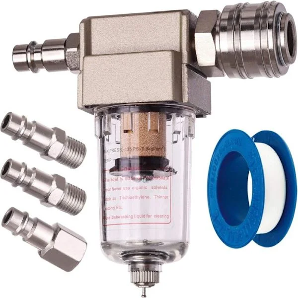 Tryckluftsfilter för kompressor – Vatten- och oljeavskiljare – 1/4" snabbkoppling – Max tryck 12 bar – Flöde 500 l/min