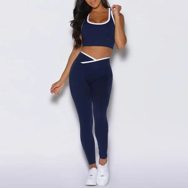 Dame Fargeblokk Treningssett Push Up Sports-topp Treningsantrekk for Treningsstudio*S/4*Marineblå topp