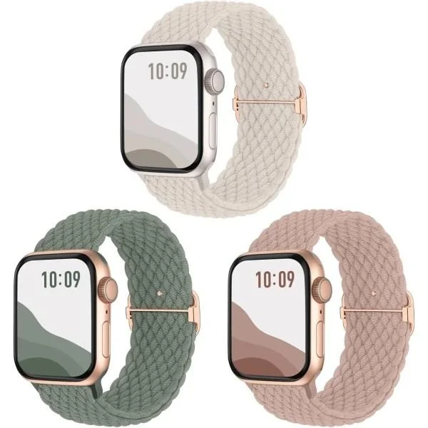 Skridsikkert flettet bånd 3-pak kompatibelt med Apple Watch-armbånd, justerbar elastisk stretch til iWatch Ultra SE 9 8 7 6 5 4 3 2 1 38/40/41mm