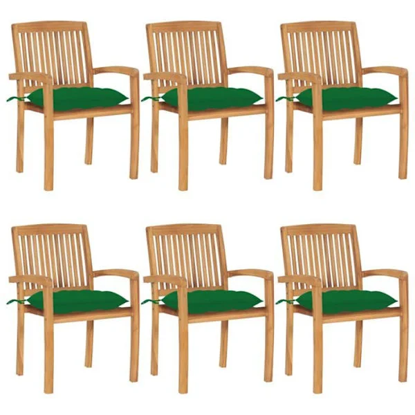 Puutarhatuolit - Eksklusiivinen Talo - Massiivinen teak - Pinottavat - Vihreät tyynyt (6 kpl)