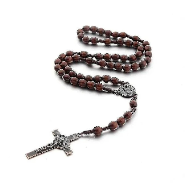 Catholic Rosary Necklace, Natural Wood Prayer Beads with Medal Cross (Light Brown)