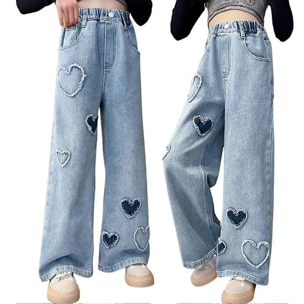 【BQ】Girls Wide Leg Denim Pants Elastic Waist Heart Pattern Print Jeans For Holiday Casual Wear School