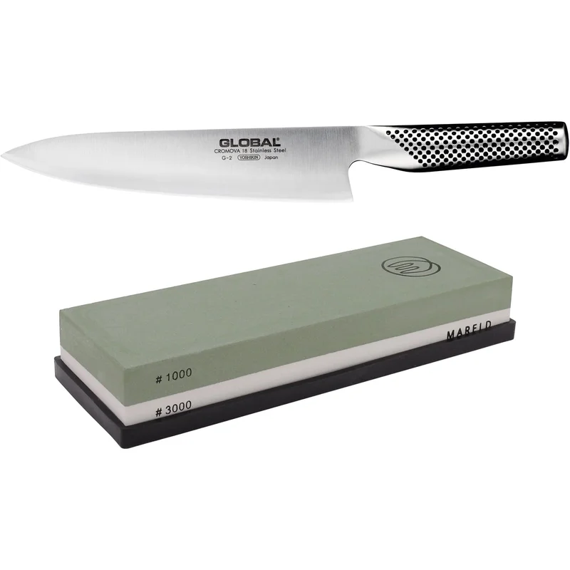 Global G-2 Kockkniv 20cm + Mareld slipsten 1000/3000 Grit - Köp Global-knivar och tillbehör hos Bagaren och Kocken | Matlagning > Köksknivar > 