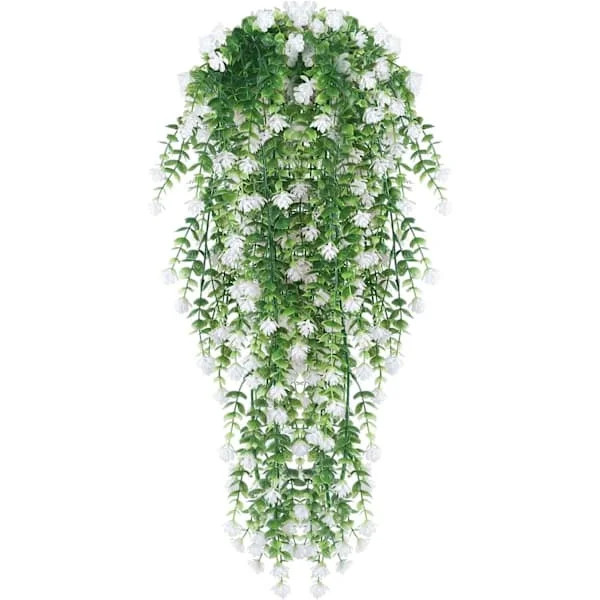 Konstgjorda Hängande Blommor, UV-beständiga Faux Hängande Rankor i Silke och Plast för Hem Trädgård Balkong Inredning, Vit 2-pack