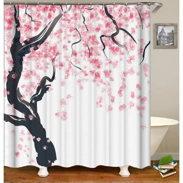 Blomstret badeforhæng, 180x200 cm, Rosa Sort Kirsebærblomst[JUN]