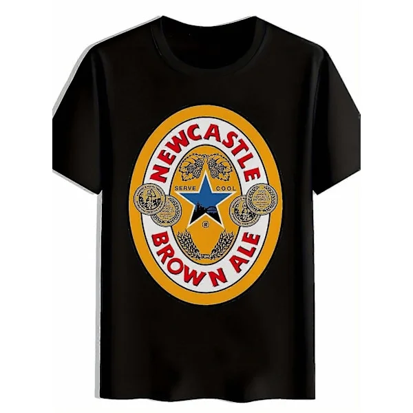 Herre Casual "Newcastle Brown Ale" Grafisk T-skjorte - Rund Hals, Kort Erme, Sommer T-skjorte med Ølkrus & Stjernedesign, Casual Ever-DWTYI237