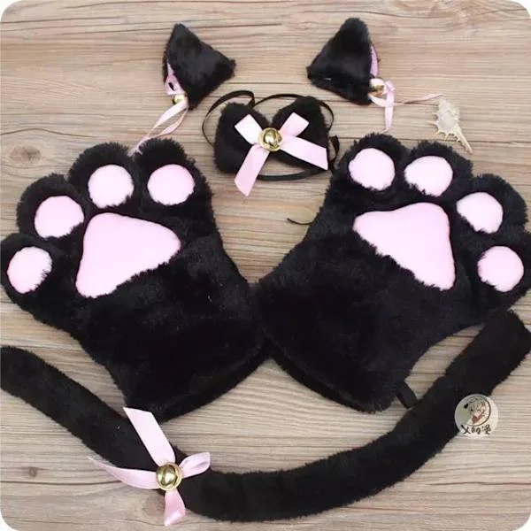 Cat Cosplay Costume - Cat Tail, Cat Ear Clip, Collar, Gloves (2 Pieces) - Halloween Accessories (5-Piece Set), Black
