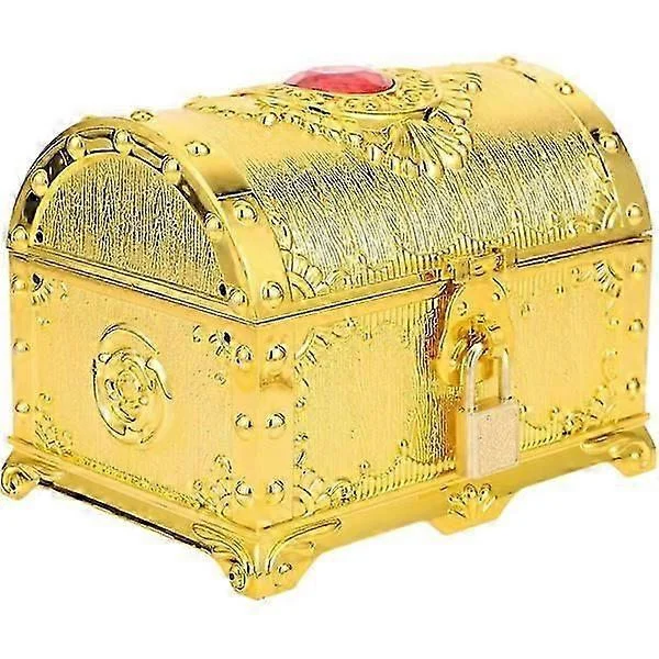 Gyllene Antik Piratskattkista med Lås och Nyckel Plast Skattkista Leksakskista Priser Vintage Organizer för Barn Pirater