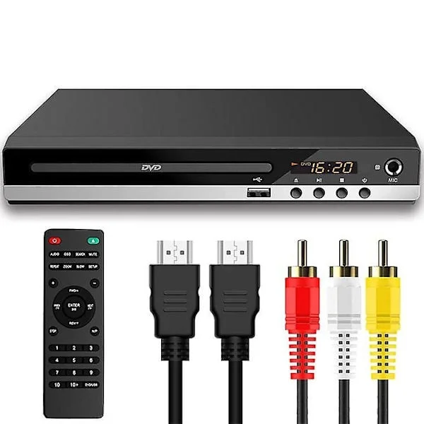 DVD-afspiller til TV med HDMI, DVD-afspiller der afspiller alle regioner, CD-afspiller til hjemme stereoanlæg, HDMI og RCA kabel inkluderet
