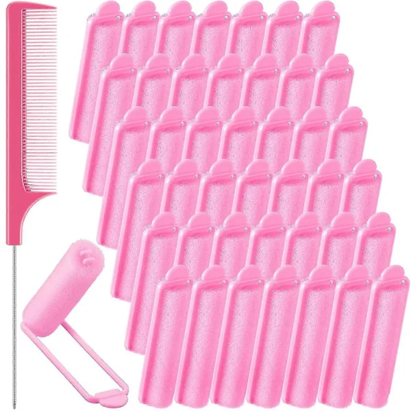 43 Pieces Foam Sponge Hair Rollers Set, Soft Sleep Hair Rollers 1.5 cm Flexible Hair Styling Sponge Hair Rollers and Stainless Steel (Pink)