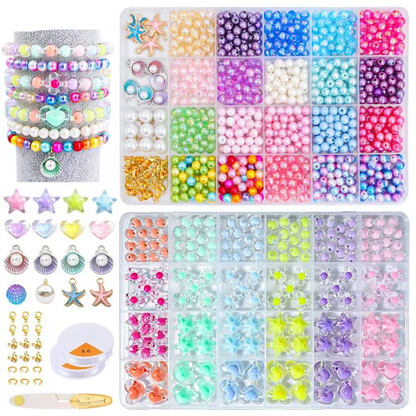 DIY Perlesmykker, Perlesæt med Havtema til DIY Smykker, Armbånds- og Halskædepyssel for Børn, Julegaveperlesæt med Muslingeskaller og Søstjerner 835 