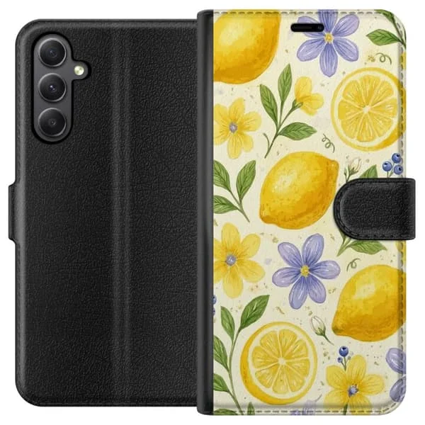 Kompatibel Tegnebogsetui til Samsung Galaxy S23 FE Farverigt mønster med citroner, blomster og grønne blade i en sommerlig stil.