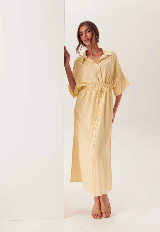 BUBBLEROOM - Drawstring Viscose Shirt Dress - Gul/Randig - Skjortklänning
