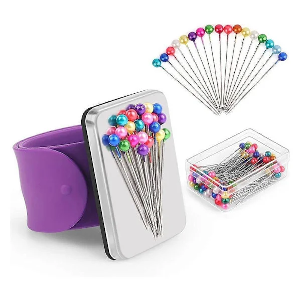 Magnetiskt nåldyna armband med 100 st 3,8 cm kulhuvud synålar set, silikon handledsnålhållare för quiltning B[D]