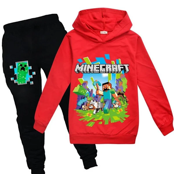 Minecraft Träningsset för Barn med Tryckt Hoodie i Avslappnad Röd Färg - Perfekt Röd