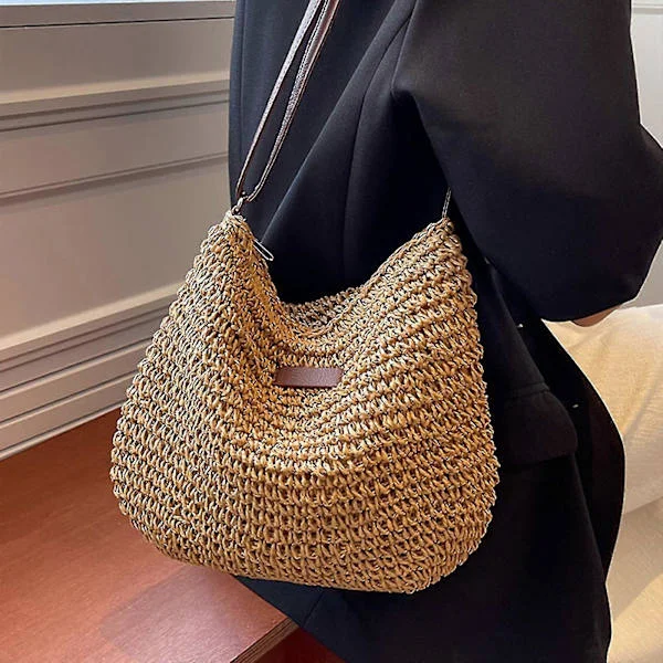 Women's Straw Shoulder Bag, Summer Straw Bag for Women, Beach Holiday, Stylish Casual Crocheted Zipper Bag