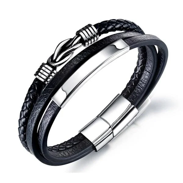 Retro ankerarmbånd i rustfrit stål, ægte læder herre flerlags vævet læderarmbånd