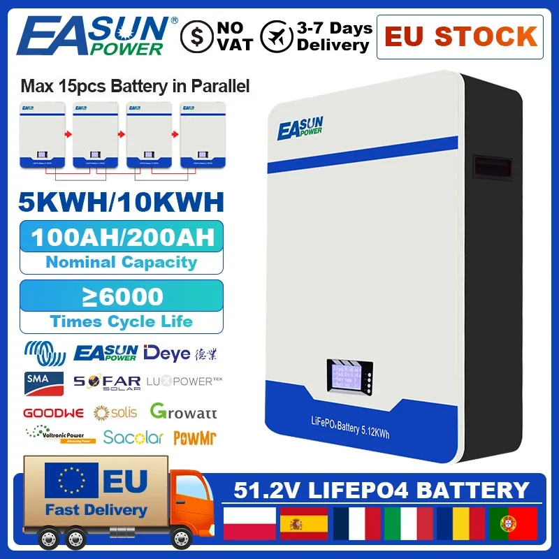 AliExpress - EASUN 300AH 200AH 100AH LiFePO4 batterie 48V batterie Powerwall 5KWH 15KWH batterie au Lithium fer 6000 + Cycle peut RS485 BMS Stock ue