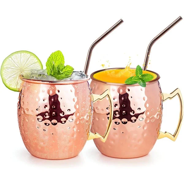 Moscow Mule krus kopper Cocktailkopp, cocktailglass perfekt for gin, vodka, øl og kalde drikker, 2 x kobberkopper og 2 x sugerør/60ML