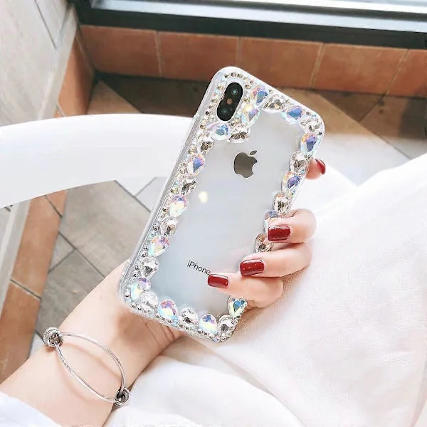 Luxury Glittering Crystal Rhinestone Diamond Silver Chain Clear Case Cover for iPhone 13promax (Colorful)