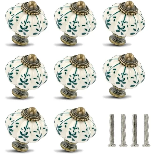 12-pack Elfenbensvita och Gröna Keramiska Knoppar - Pumpa Skåpsknoppar Retro Kommodknoppar - Vintage Lådhandtag med Skruvar för Skåp Låda Garderob