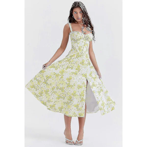 Blomstrete Boho Midi Bustier Kjole Dame Carmen Trykk Sommer Strand Swing Kjoler