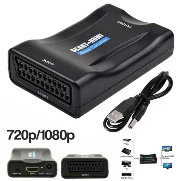 SCART til HDMI-adapter 1080P HD Video Audio Upscale Converter Sort
