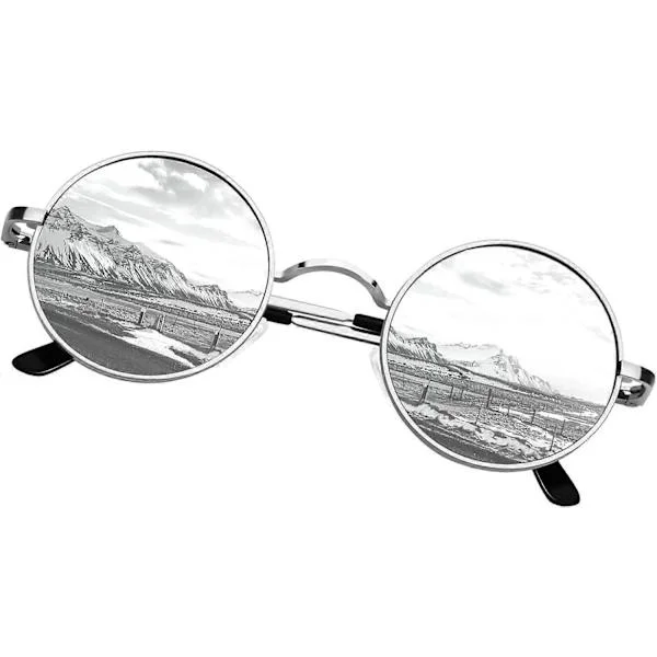 SCSYV runda solglasögon, unisex, 70-tals retro polariserade Lennon runda UV400 herr solglasögon, silverbåge, silverlinser
