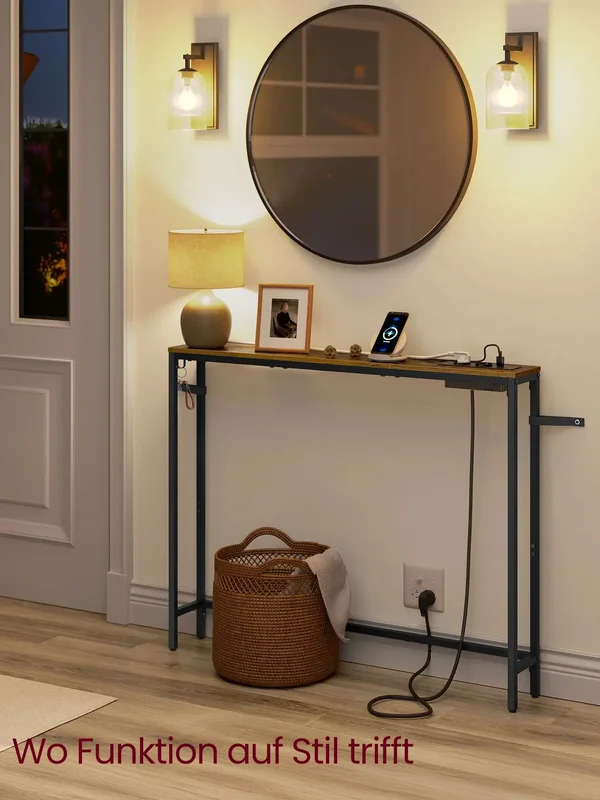 AliExpress - VASAGLE Konsolentisch, Flurtisch, schmales Design, 15 x 100 x 80 cm, mit Ladestation, Haken, 1 Set