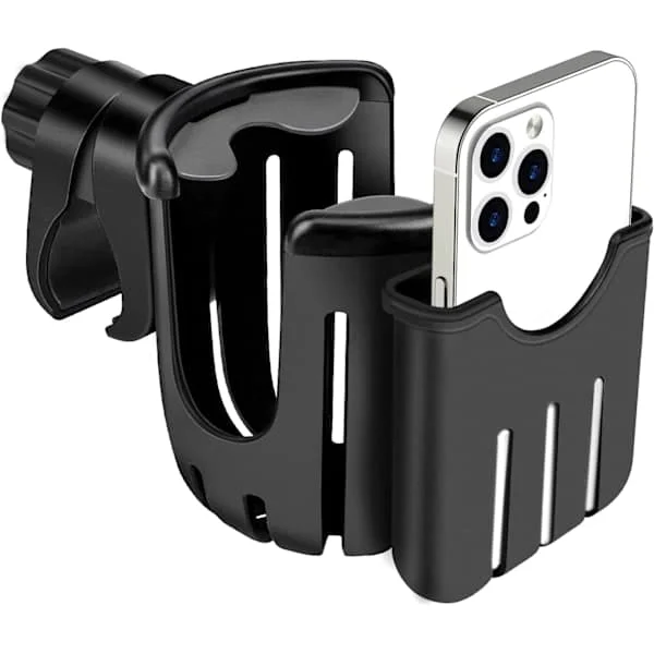 Universal Barnevogn Koppholder med Telefonholder Organizer, Barnevogn, Trille, Sykkel, Rullestol, Svart