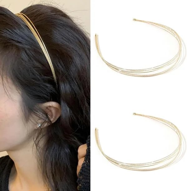 2 Pcs Women's Gold Multilayer Metal Thin Headbands Elegant Hair Accessories for Girls