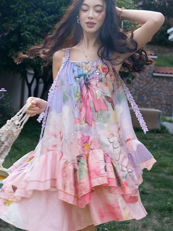 AliExpress - ELFSACK Robe nuisette à imprimé floral et papillon, robe gothique à bretelles en dentelle et ourlet à volants, robe de soirée 