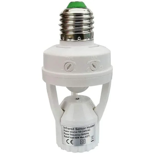 PIR rörelsesensor E27 glödlampa med tids- och ljusjustering för inomhusbruk