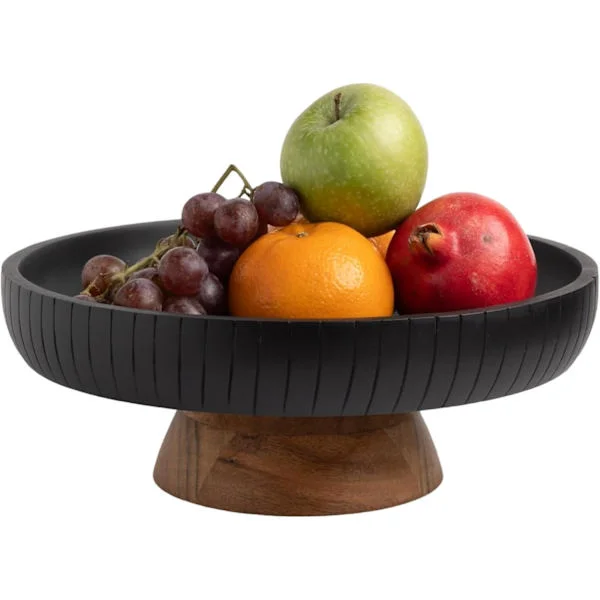 Wooden Fruit Bowl, Decorative Black Bowl with Natural Finish Pedestal | 30 cm Diameter | Two-Tone Look (Black)