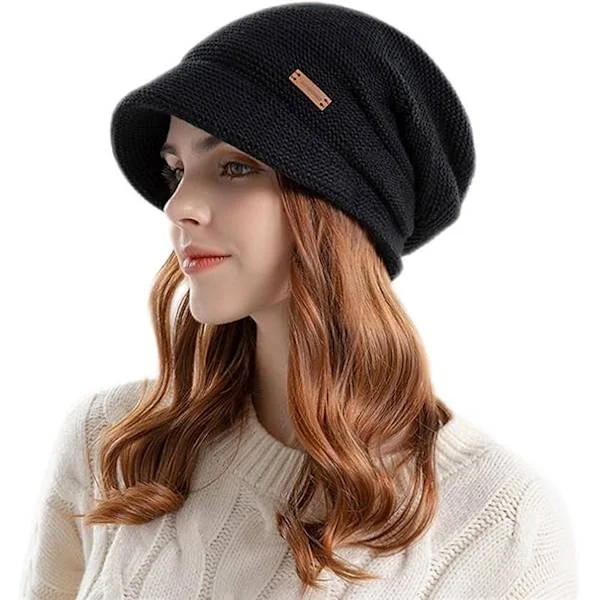 Dame Vinterstrikket Visir Hat Fleeceforet Varm Basker Hat, Newsboy Kasket med Skygge Cloche Ørevarmer Hat til Kvinder_tfrf