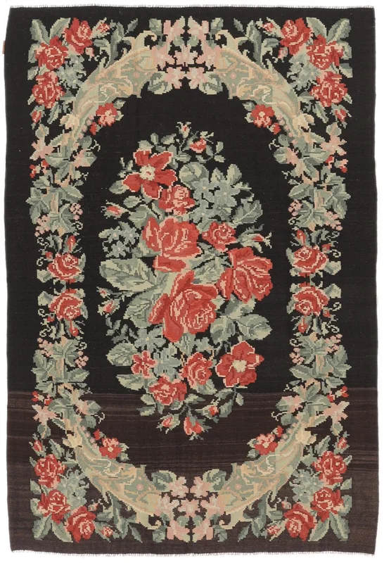 Rose Kelim Moldavia Teppich Handgewebt 169X252 Schwarz/Dunkelgrün