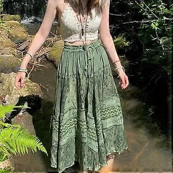 90-tals Vintage Boho Midi-kjolar Fairycore Grunge Kawaii Rosett Hög Midja Lång Plisserad Kjol Chic Kvinnor Retro Semester Strand Streetwear (S)[BEMS]