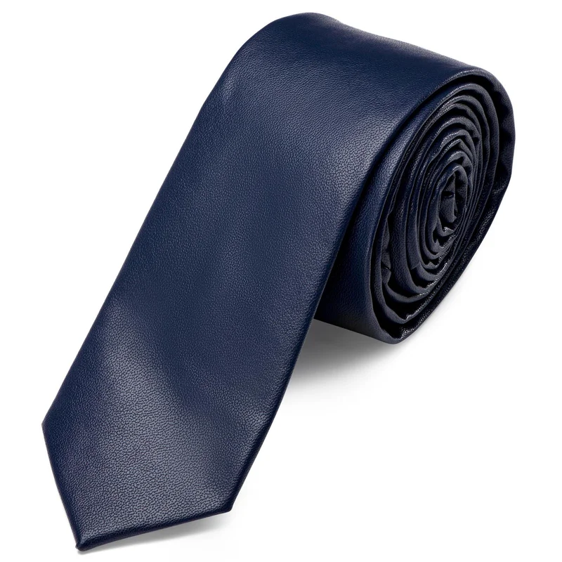 Corbata estrecha de cuero sintético azul marino para hombres - Corbatas estrechas