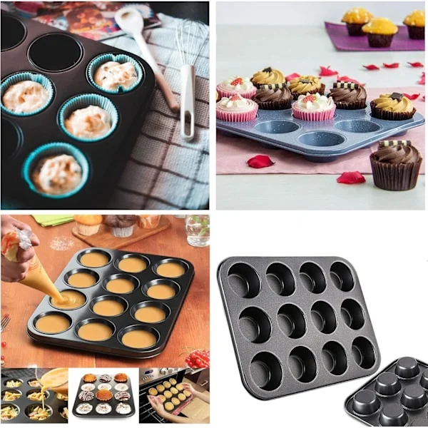 Muffinsform för 12 muffins - BPA-fri & diskmaskinssäker muffinsplåt med fläckbeständighet, bakform för muffins (Svart)