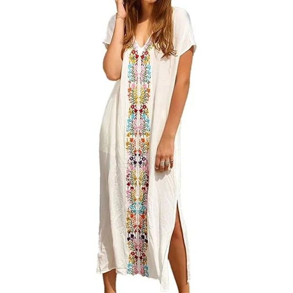 Kesäinen puuvillainen, brodeerattu, kukkakuvioinen, väljä kaftaani Boho-rantabikinipeite mekko plus-koossa naisille