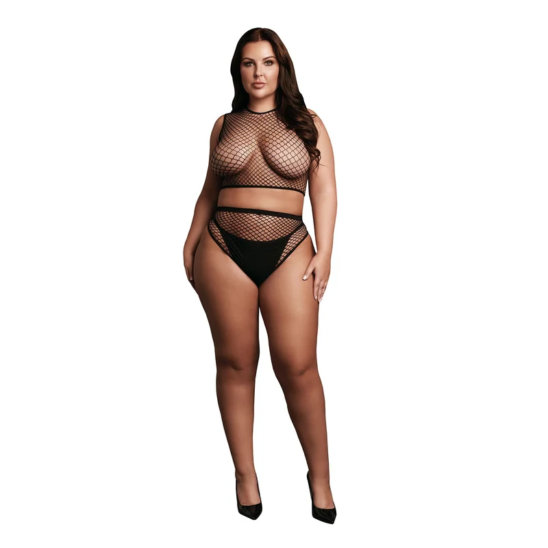 Shots: 2 Pc Crop Top - Pantie and Fishnet Structure Plus Size - Black - Erotik Vuxen: Plus size
