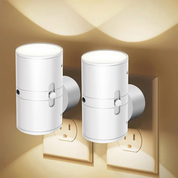 2-pakning LED nattlampe med stikkontakt - skumringssensor, justerbar 5-300 lm, varmhvit, dimbar for kjøkken og gang 2 stk v