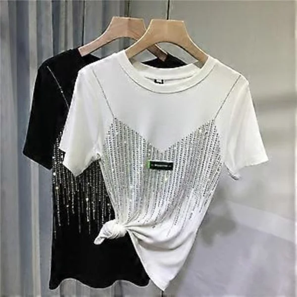 Chic Sommer Diamant Kort Ermet T-skjorte For Kvinner Casual Ensfarget O-hals T-skjorte Dame Streetwear Tees Topp (XXXL hvit)