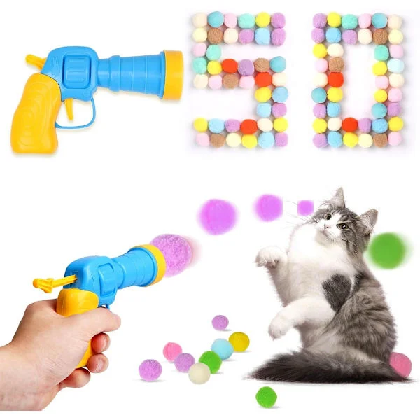 Katt som skjuter pistol med 50 kulor Kattleksak Interaktiv kattleksak Pomponkulor Kulor Skjuta kulor för vuxna katter och kattungar