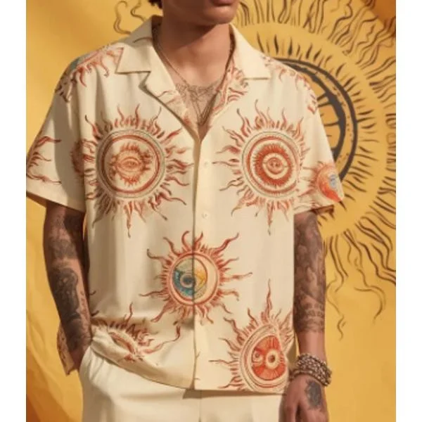 Herr sommarskjorta, mönstrad skjorta, blommig strandstil, retrokläder, hawaiiansk avslappnad krage, kortärmad knappstil.