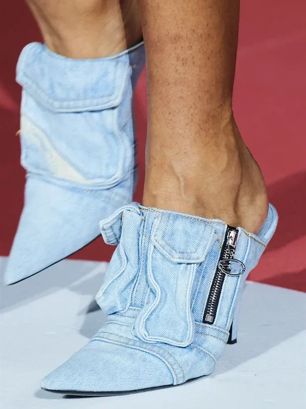 AliExpress - Pantoufles pointues à talons hauts pour femmes, sandales en denim délavé, vintage, DistMurcia, poche, fermeture éclair, vêtements 