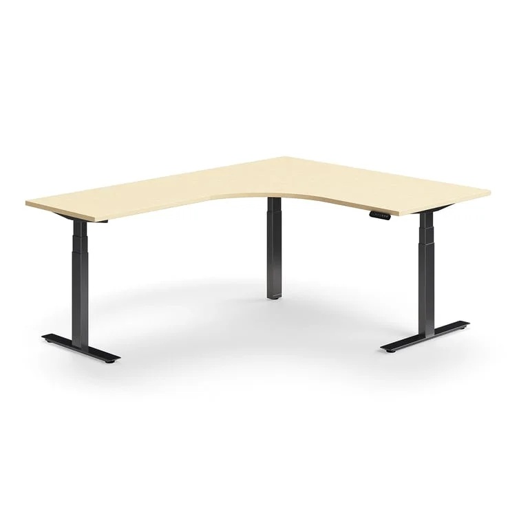 Standing desk QBUS, dual motor, L-shaped, 1600x2000 mm, black frame, birch