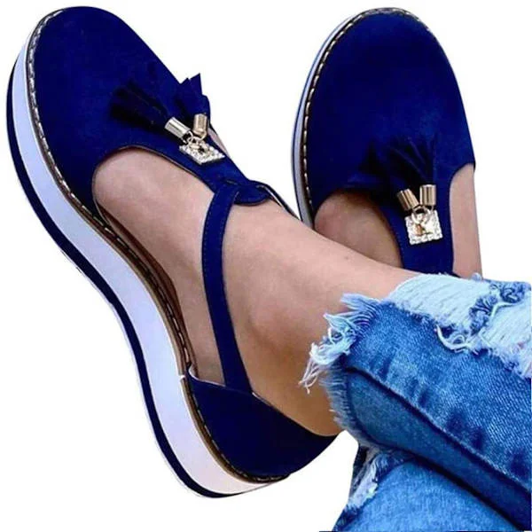 (Blue US 8.5) Women's Leather Tassel Sandals, Closed Toe Platform Sandals, Adjustable Buckle Ankle Strap, Non-slip and Comfortable