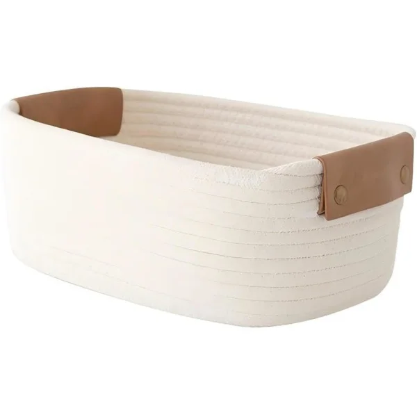 Miljövänliga Små Vävda Förvaringskorgar av Bomullsrep för Kök Sovrum Omklädningsrum (Beige, 32*24*13cm)